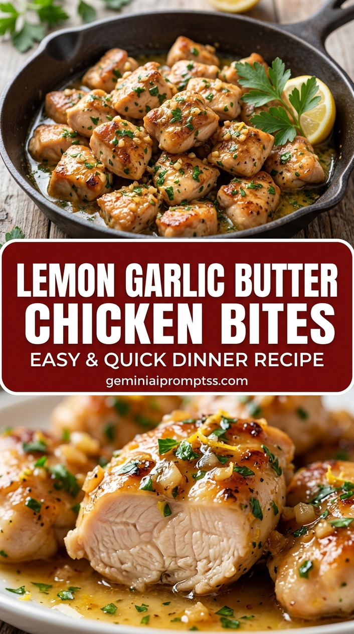 Lemon garlic butter chicken bites with bite-size chicken pieces with browned edges, glossy sauce, and fresh garnish