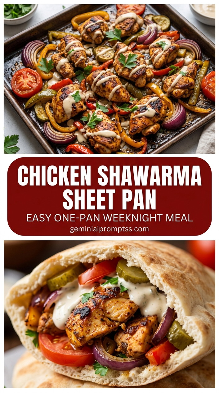 Chicken shawarma sheet pan with tender chicken and garlic tahini-style sauce