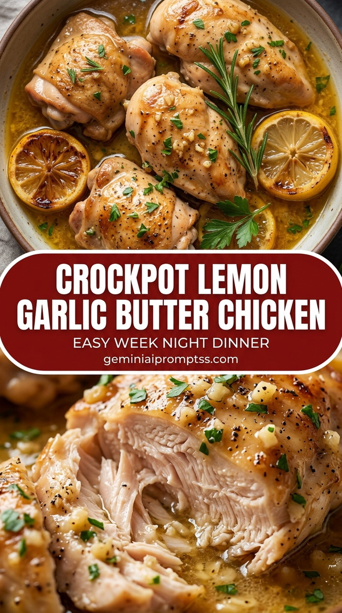 Crockpot lemon garlic butter chicken with bite-size chicken pieces with browned edges, glossy sauce, and fresh garnish