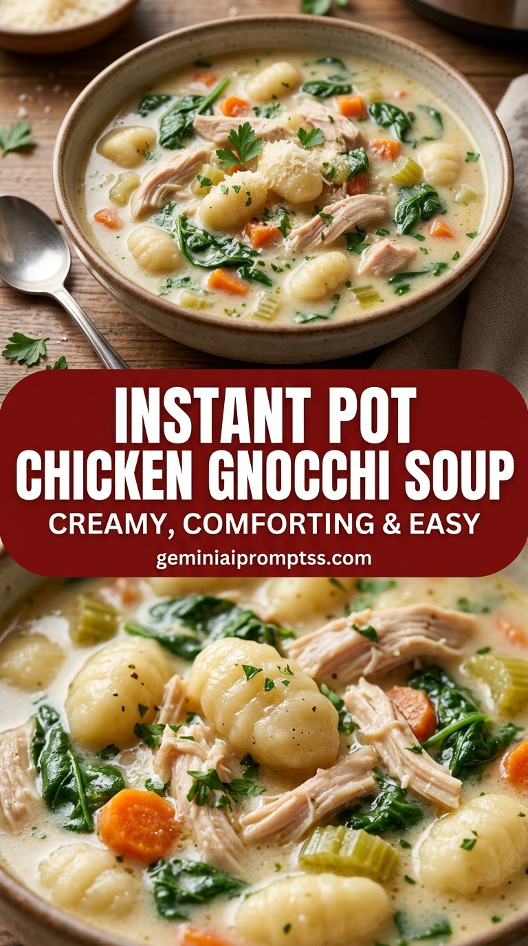 Instant Pot chicken gnocchi soup with bite-size chicken pieces with browned edges, glossy sauce, and fresh garnish