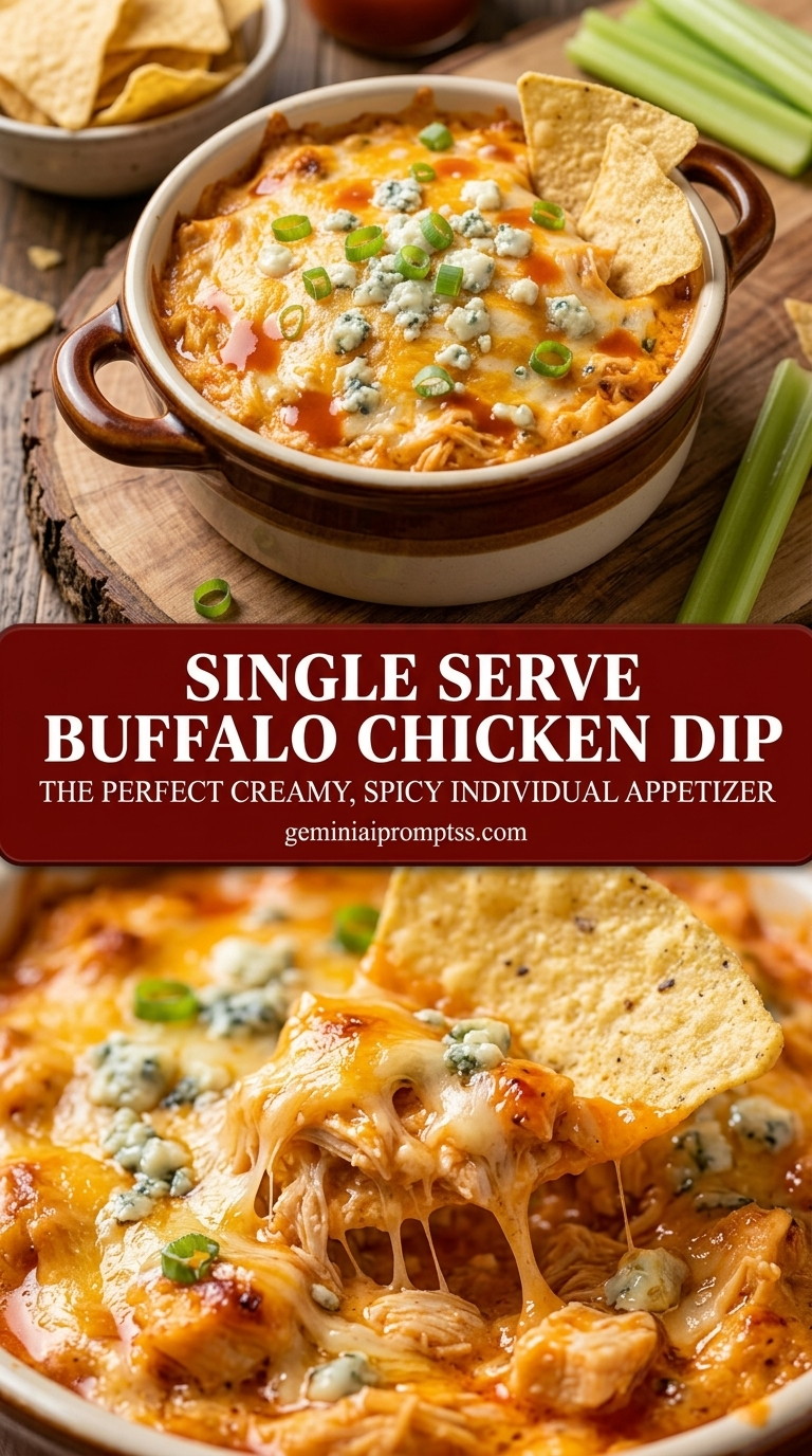 Single serve buffalo chicken dip with creamy buffalo sauce chicken dip, melted mozzarella, and parsley