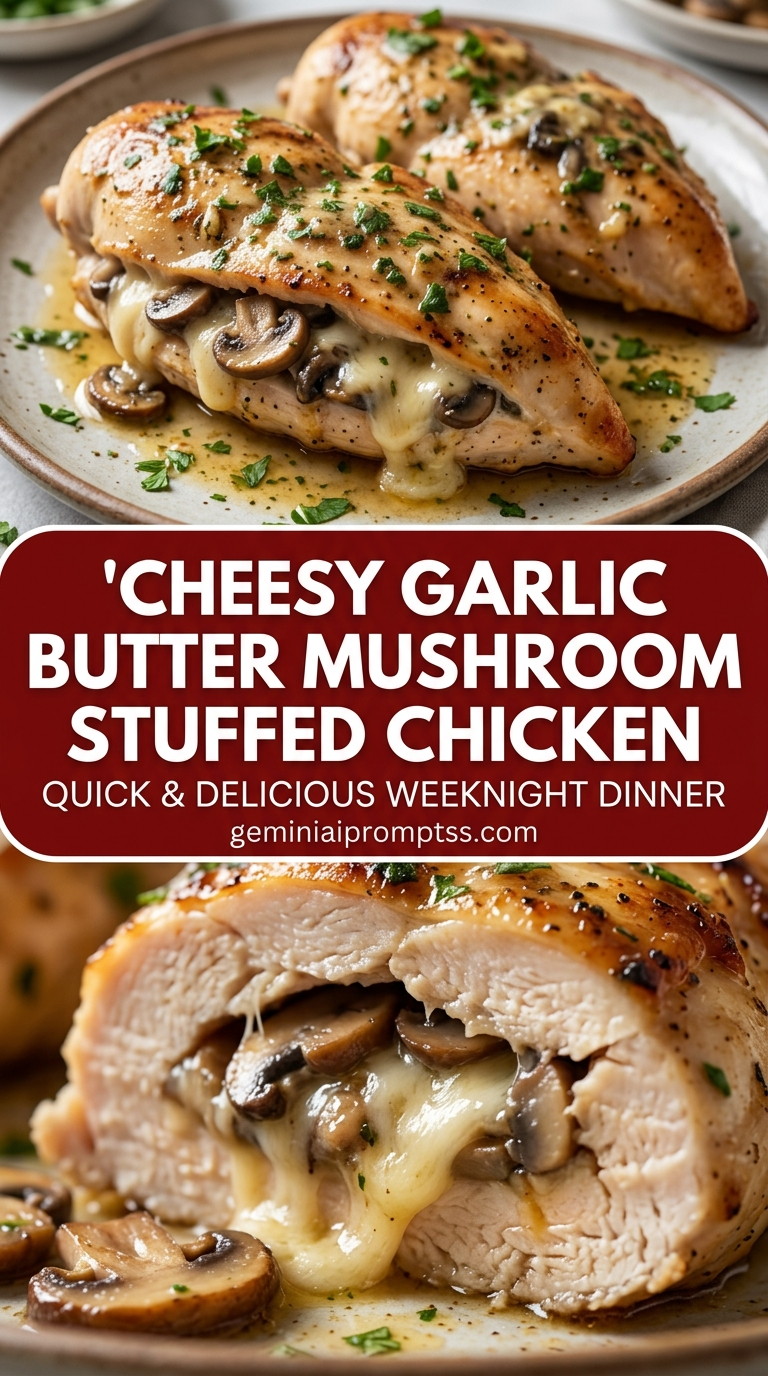 Cheesy garlic butter mushroom stuffed chicken with bite-size chicken pieces with browned edges, glossy sauce, and fresh garnish