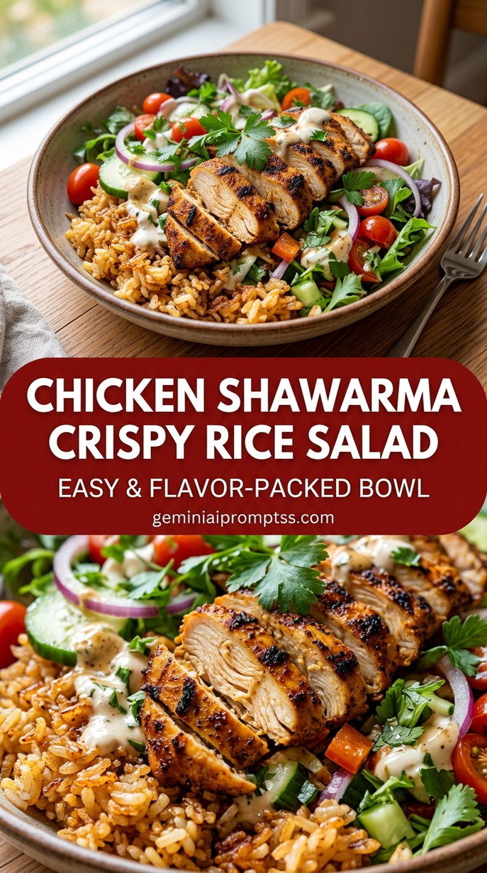 Chicken shawarma crispy rice salad with tender chicken and garlic tahini-style sauce