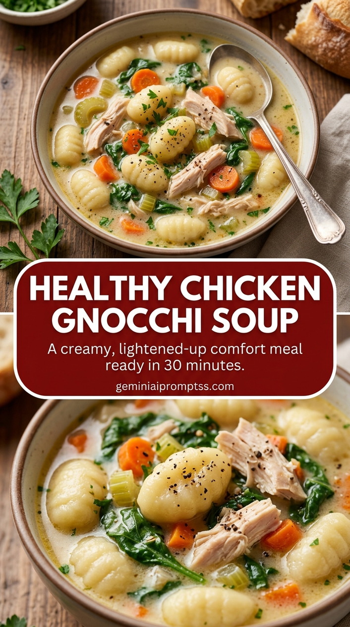 Healthy chicken gnocchi soup with bite-size chicken pieces with browned edges, glossy sauce, and fresh garnish