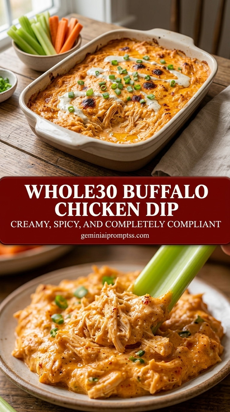 Whole30 buffalo chicken dip with creamy compliant hot sauce chicken dip, melted nutritional yeast, and chives