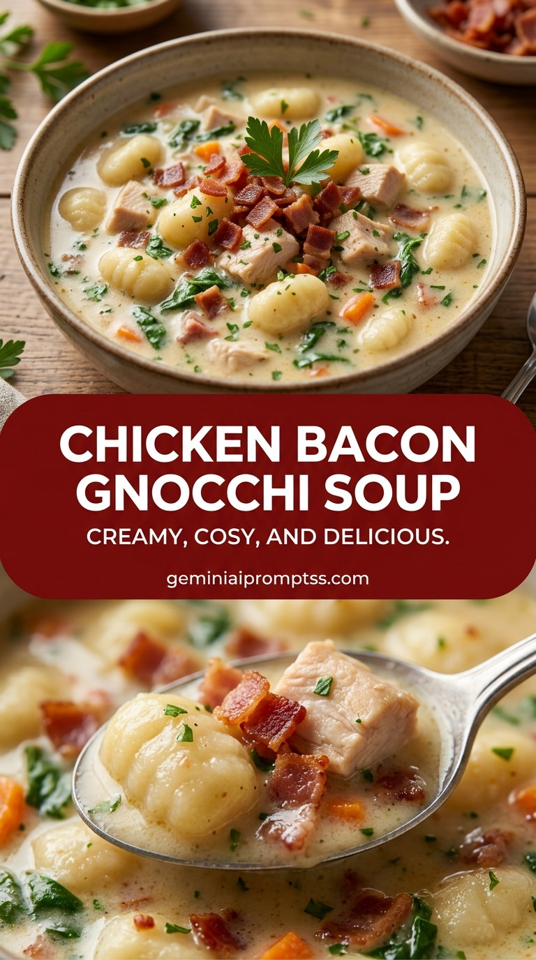 Chicken bacon gnocchi soup with bite-size chicken pieces with browned edges, glossy sauce, and fresh garnish