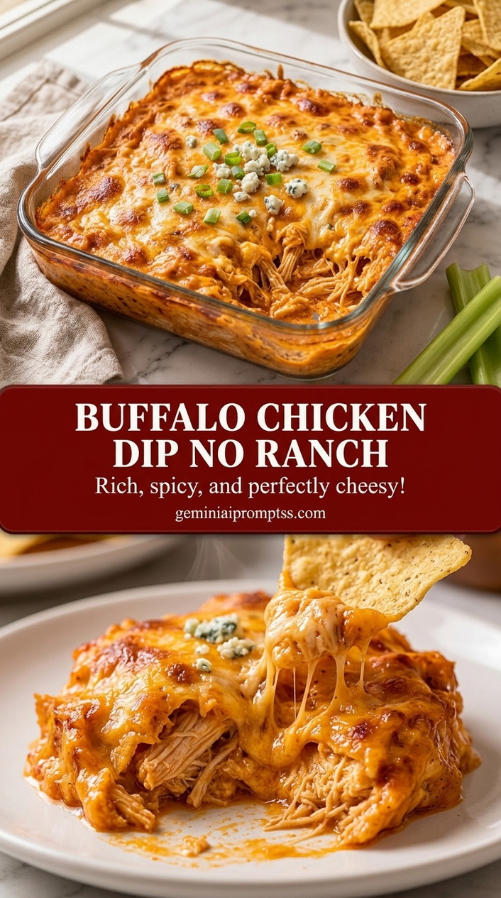Buffalo chicken dip no ranch with creamy buffalo sauce chicken dip, melted cheddar, and parsley