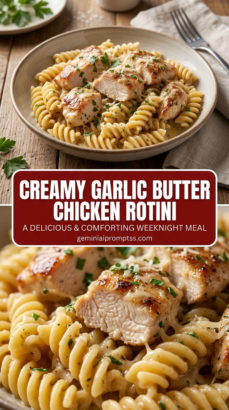 Creamy garlic butter chicken rotini with bite-size chicken pieces with browned edges, glossy sauce, and fresh garnish