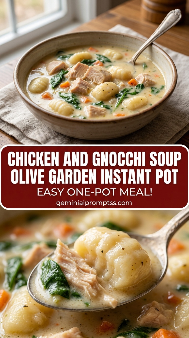 Chicken and gnocchi soup Olive Garden Instant Pot with bite-size chicken pieces with browned edges, glossy sauce, and fresh garnish