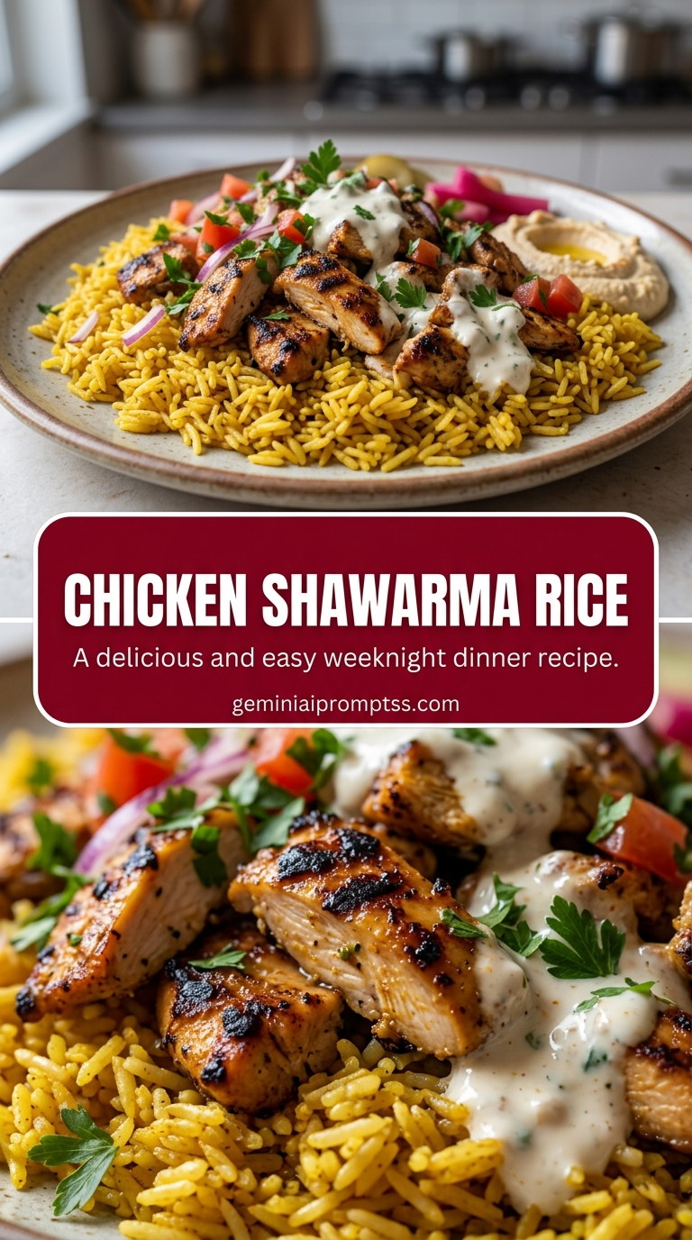 Chicken shawarma rice with tender chicken and garlic tahini-style sauce
