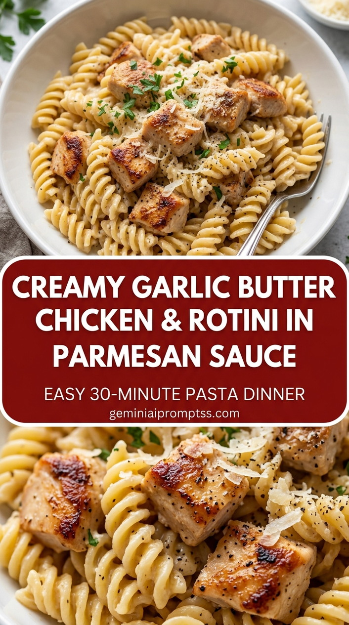 Creamy garlic butter chicken and rotini in parmesan sauce with bite-size chicken pieces with browned edges, glossy sauce, and fresh garnish