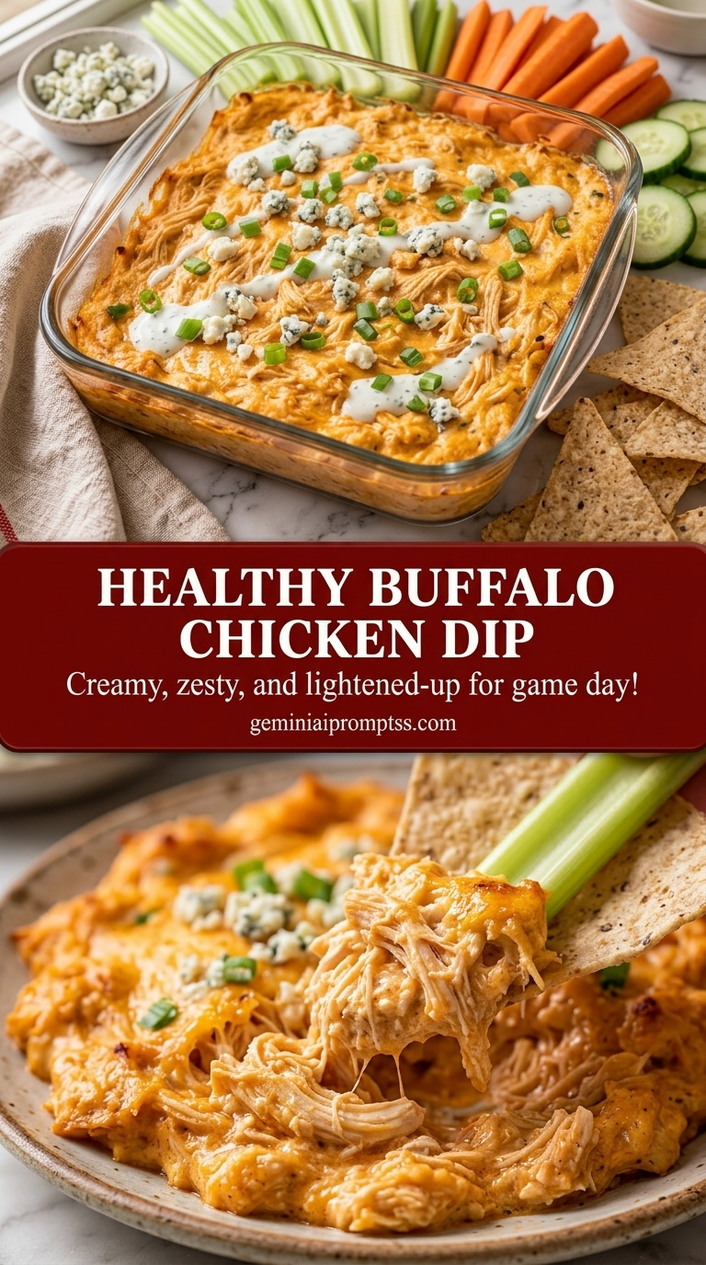 Healthy buffalo chicken dip with creamy red pepper sauce chicken dip, melted part-skim mozzarella, and chopped parsley