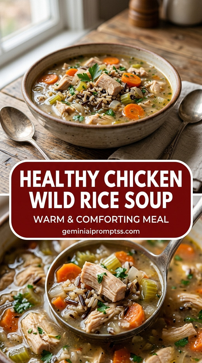 Healthy chicken wild rice soup with bite-size chicken pieces with browned edges, glossy sauce, and fresh garnish