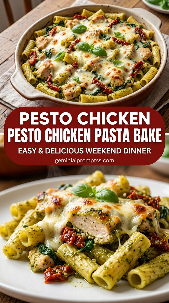 Pesto chicken pasta bake with tender chicken and bright basil pesto