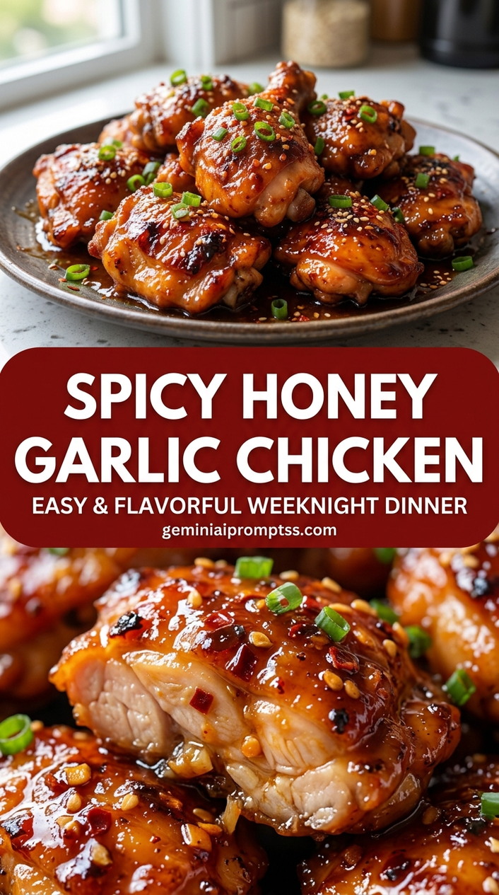 Spicy honey garlic chicken with bite-size chicken pieces with browned edges, glossy sauce, and fresh garnish