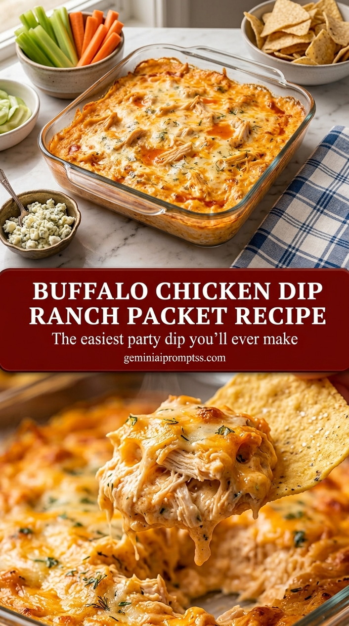 Buffalo chicken dip ranch packet with creamy buffalo sauce chicken dip, melted cheddar, and ranch seasoning