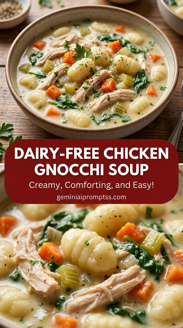 Dairy-free chicken gnocchi soup with bite-size chicken pieces with browned edges, glossy sauce, and fresh garnish