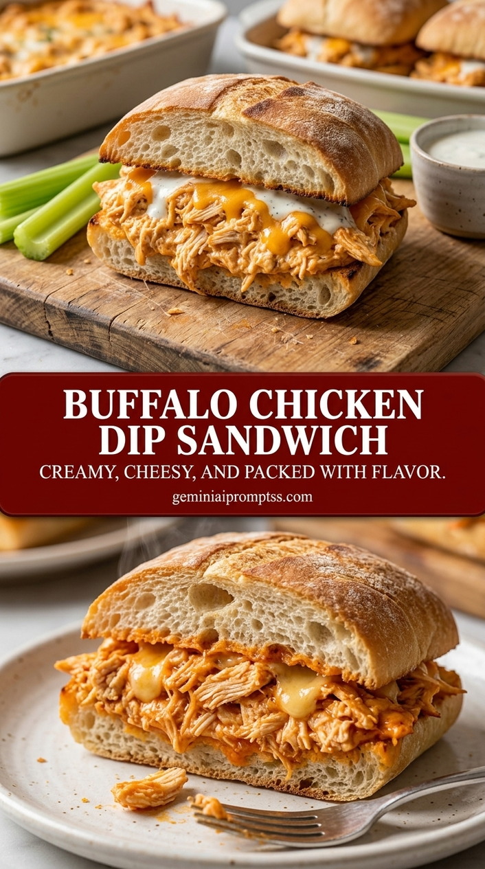 Buffalo chicken dip sandwich with creamy buffalo sauce chicken dip, melted provolone, and sesame seeds