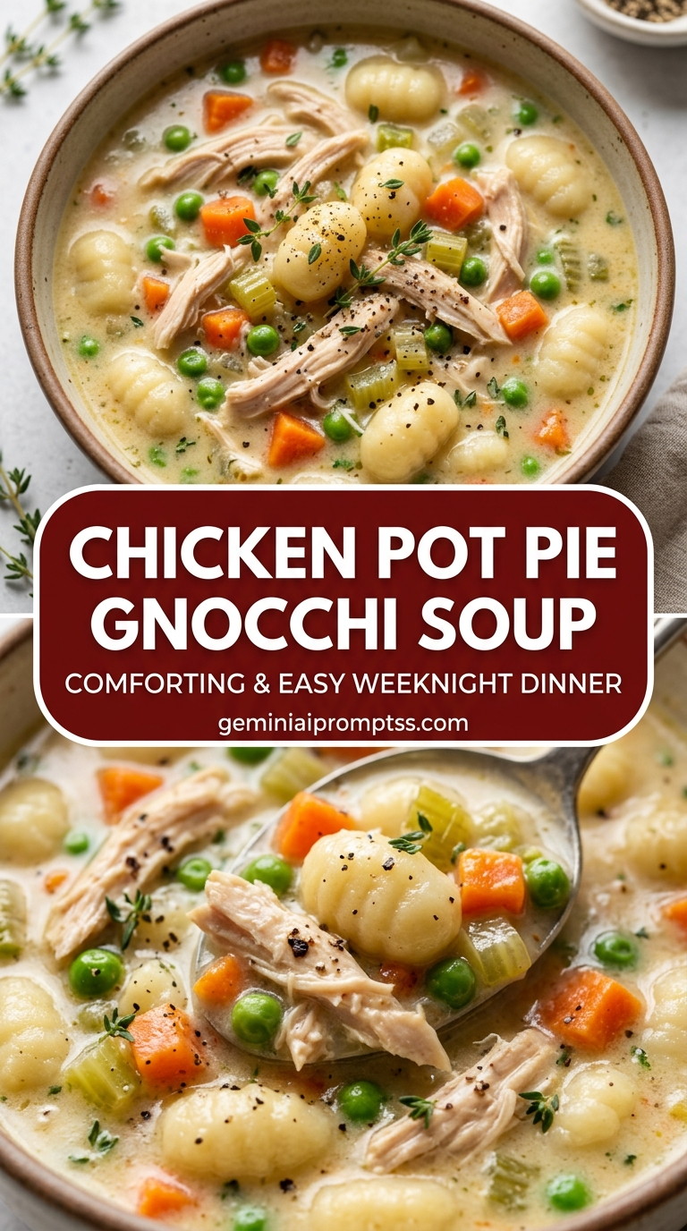 Chicken pot pie gnocchi soup with bite-size chicken pieces with browned edges, glossy sauce, and fresh garnish