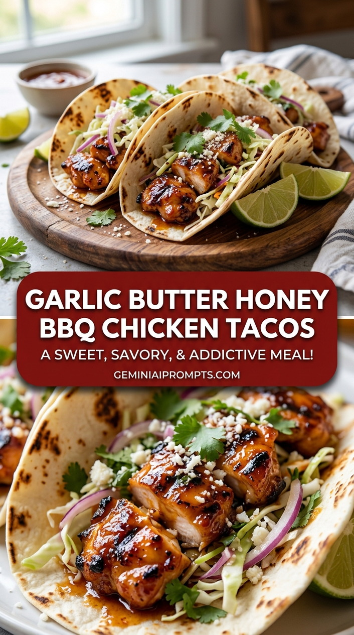 Garlic butter honey bbq chicken tacos with bite-size chicken pieces with browned edges, glossy sauce, and fresh garnish