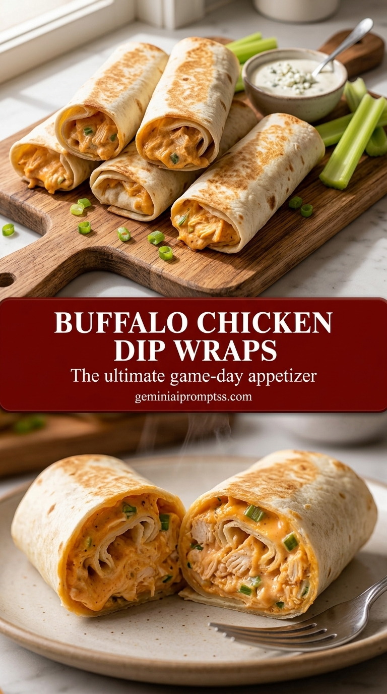 Buffalo chicken dip wraps with creamy buffalo sauce chicken dip, melted Monterey Jack, and cilantro