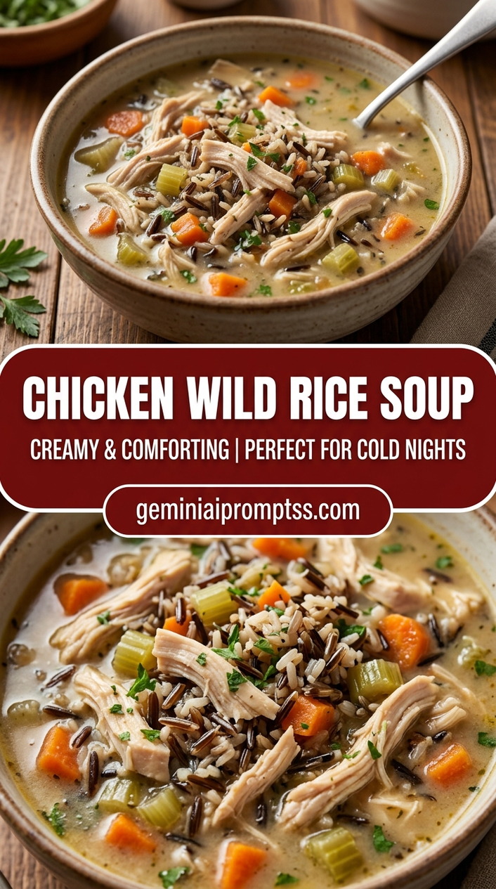 Chicken wild rice soup with bite-size chicken pieces with browned edges, glossy sauce, and fresh garnish