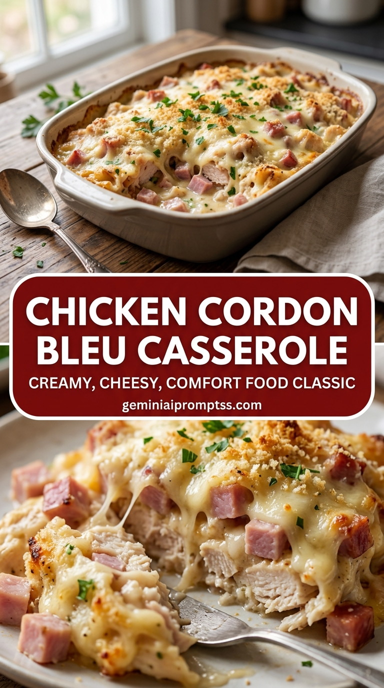 Chicken cordon bleu casserole with tender chicken and creamy Dijon cheese sauce