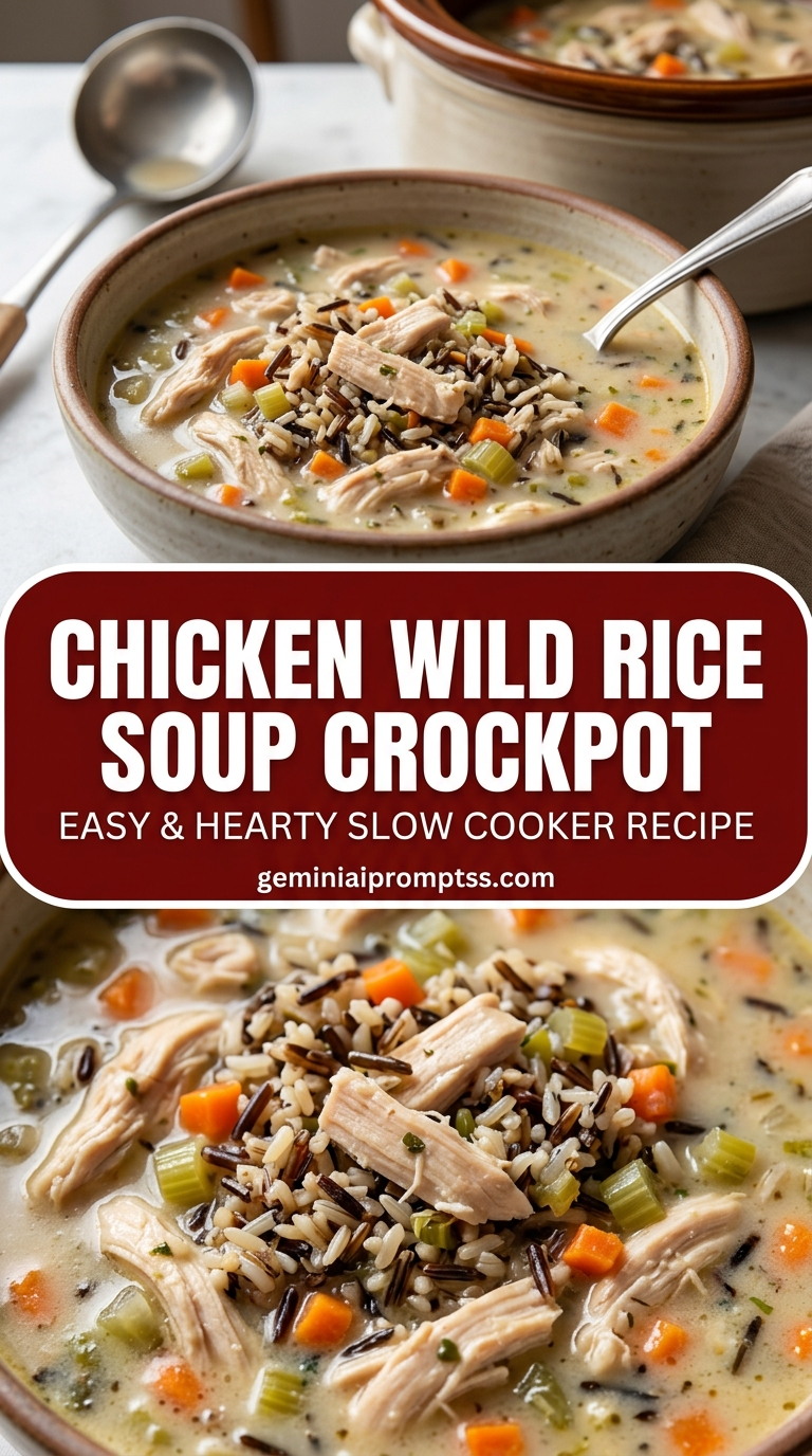 Chicken wild rice soup crockpot with bite-size chicken pieces with browned edges, glossy sauce, and fresh garnish