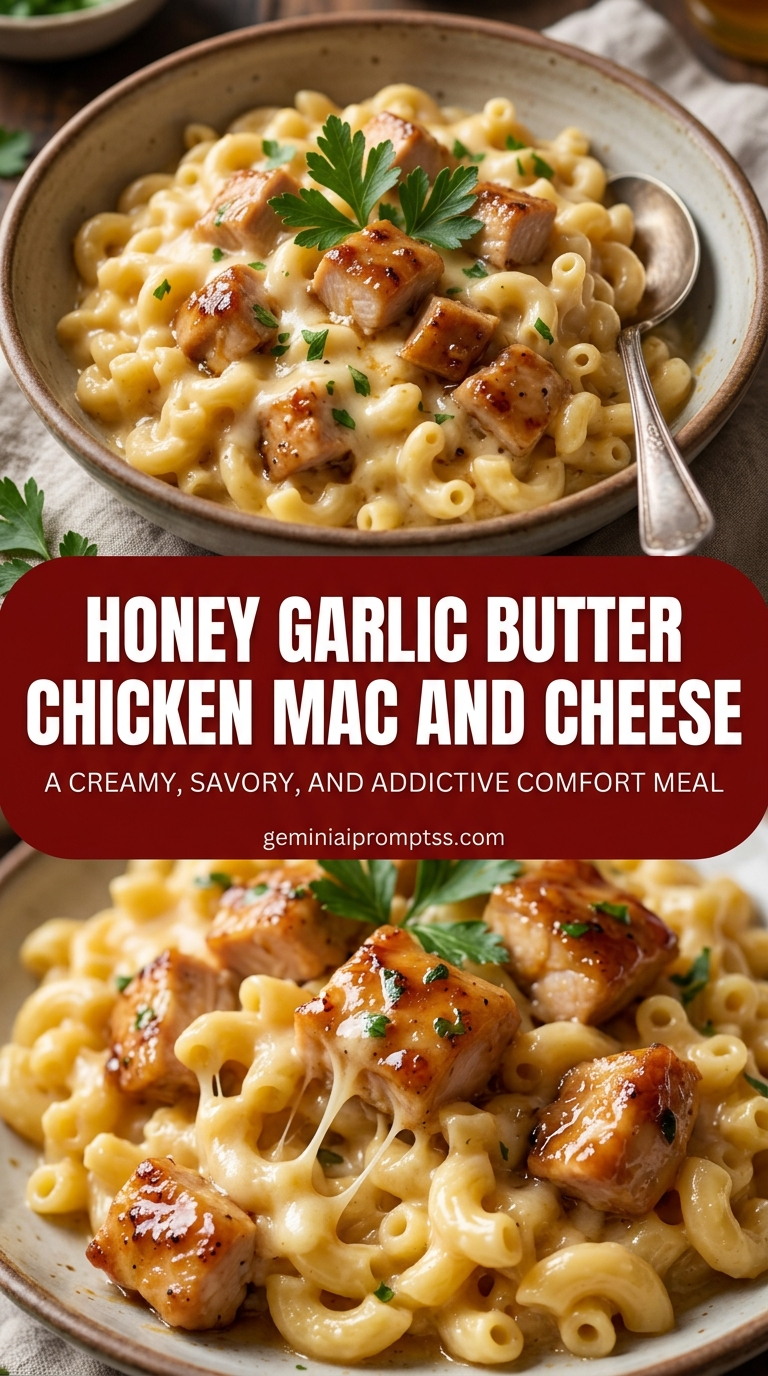Honey garlic butter chicken mac and cheese with bite-size chicken pieces with browned edges, glossy sauce, and fresh garnish