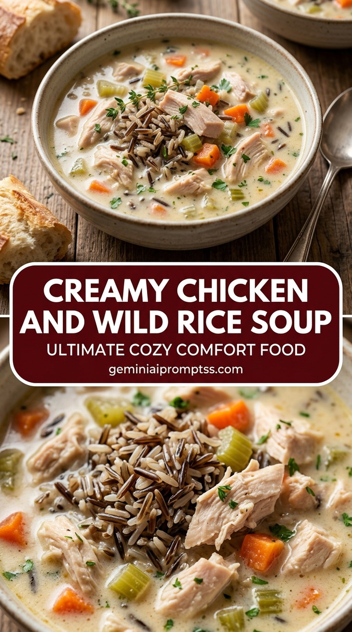 Creamy chicken and wild rice soup with bite-size chicken pieces with browned edges, glossy sauce, and fresh garnish