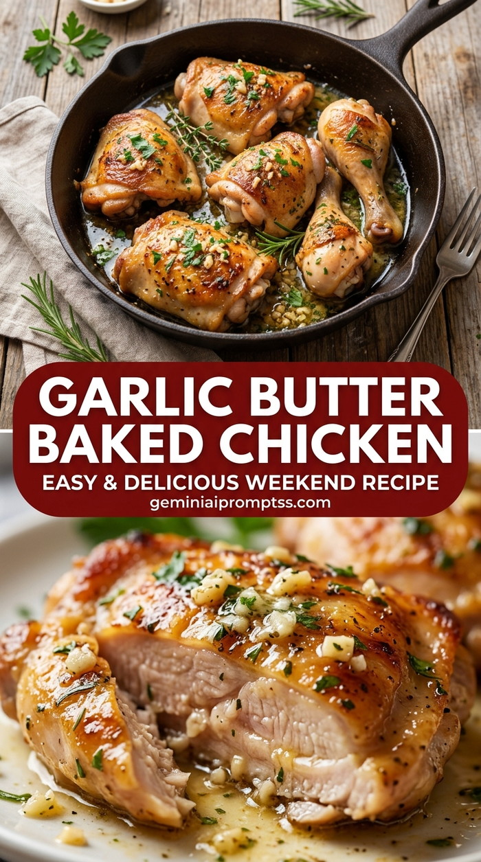Garlic butter baked chicken with bite-size chicken pieces with browned edges, glossy sauce, and fresh garnish