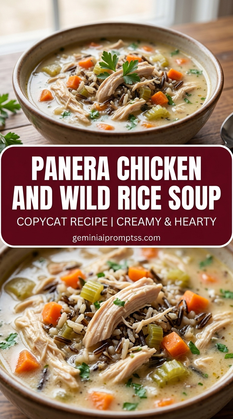 Panera chicken and wild rice soup with bite-size chicken pieces with browned edges, glossy sauce, and fresh garnish