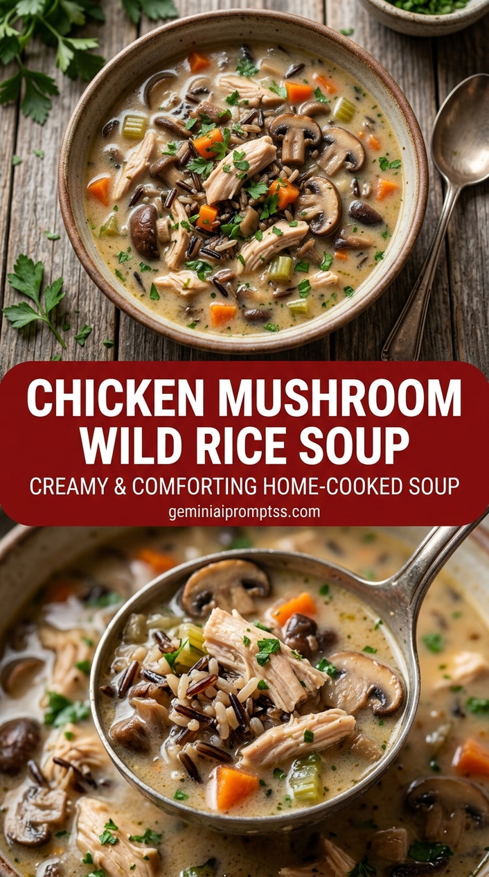 Chicken mushroom wild rice soup with bite-size chicken pieces with browned edges, glossy sauce, and fresh garnish