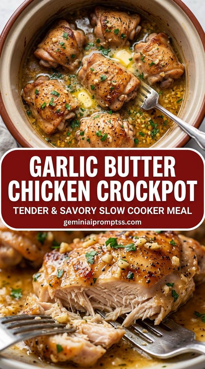 Garlic butter chicken crockpot with bite-size chicken pieces with browned edges, glossy sauce, and fresh garnish