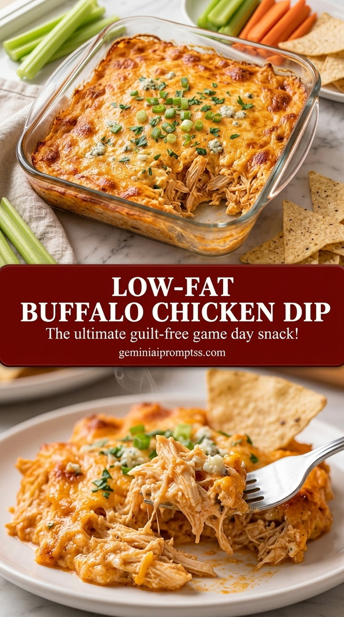 Low-fat buffalo chicken dip with creamy hot sauce chicken dip, melted part-skim mozzarella, and paprika
