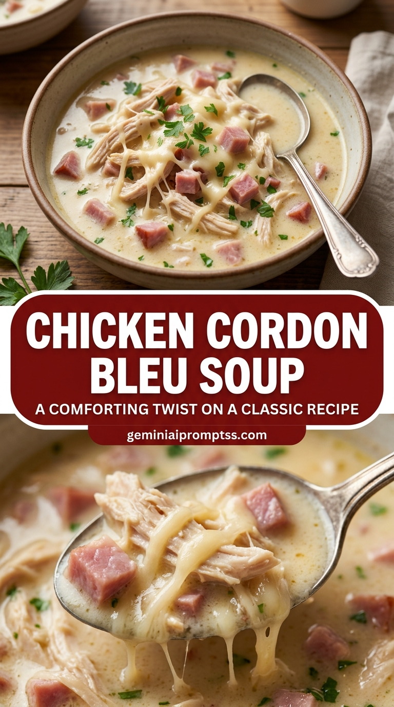 Chicken cordon bleu soup with tender chicken and creamy Dijon cheese sauce