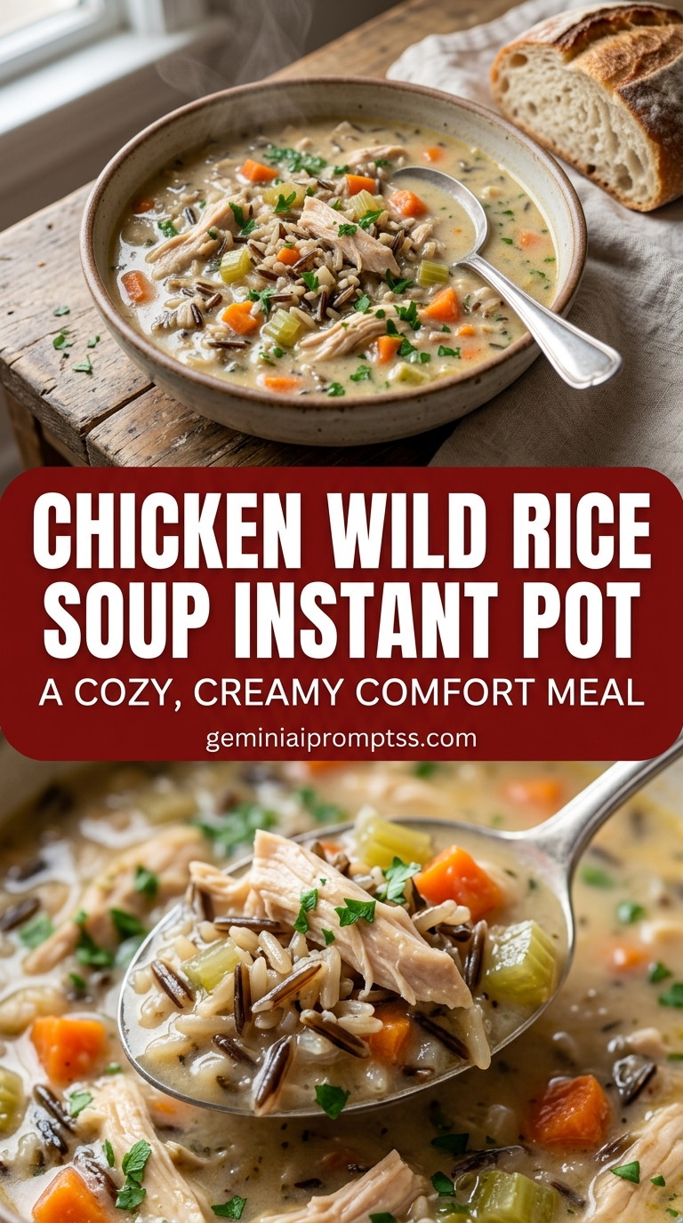 Chicken wild rice soup Instant Pot with bite-size chicken pieces with browned edges, glossy sauce, and fresh garnish