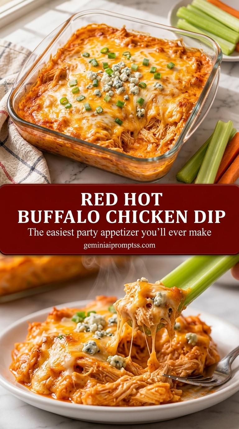 Red hot buffalo chicken dip with creamy red hot sauce chicken dip, melted cheddar, and chili powder
