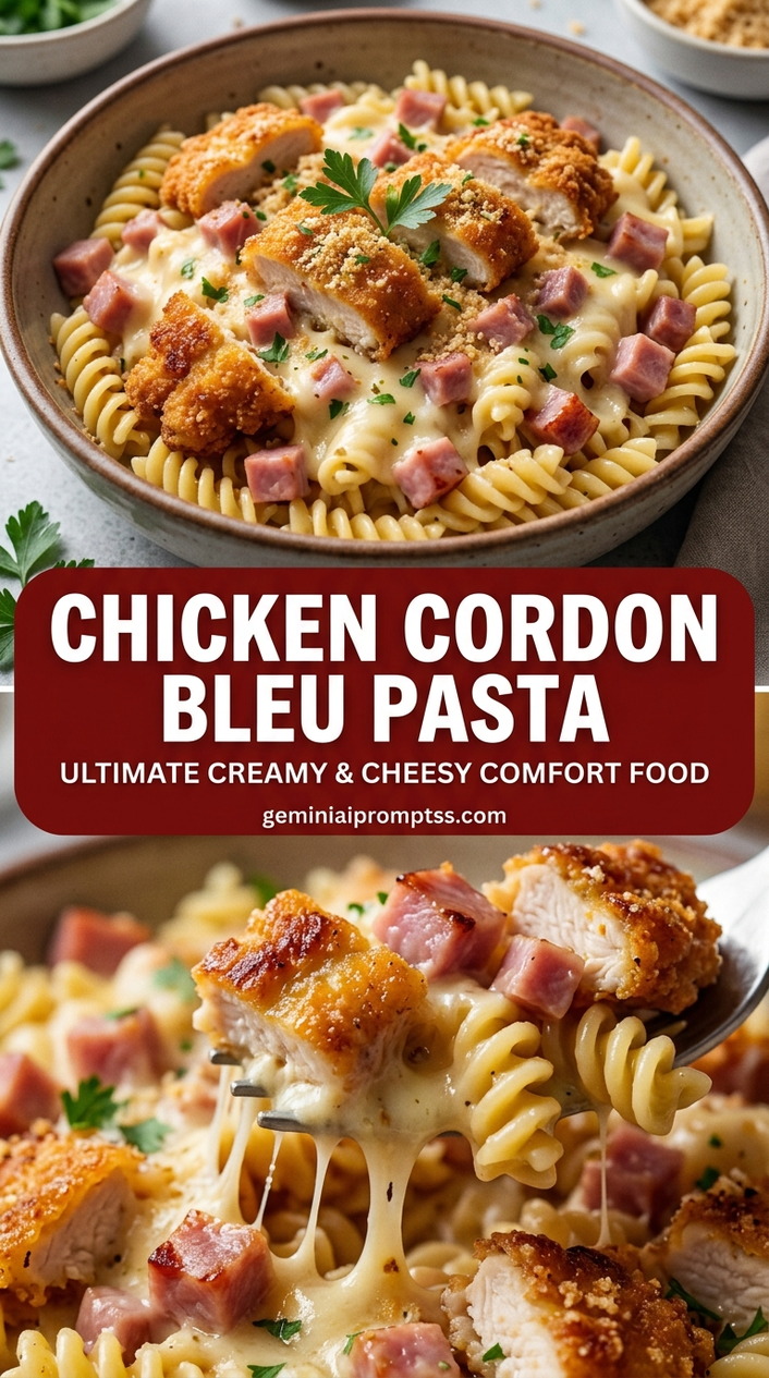 Chicken cordon bleu pasta with tender chicken and creamy Dijon cheese sauce