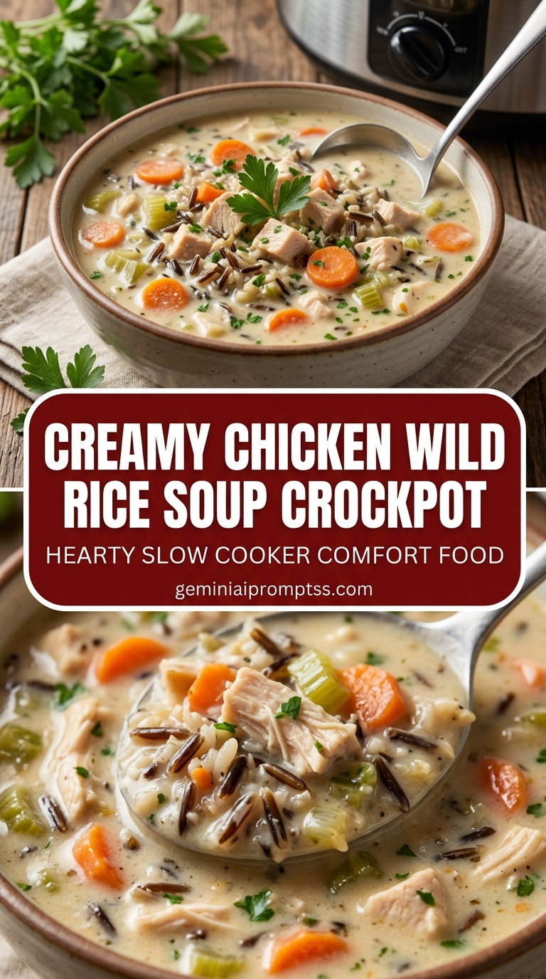Creamy chicken wild rice soup crockpot with bite-size chicken pieces with browned edges, glossy sauce, and fresh garnish