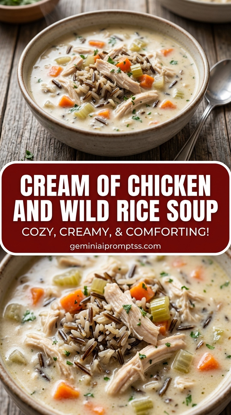 Cream of chicken and wild rice soup with bite-size chicken pieces with browned edges, glossy sauce, and fresh garnish