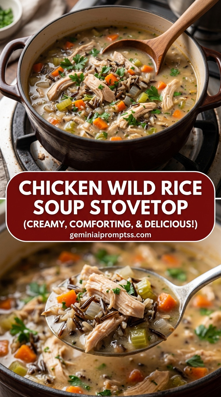 Chicken wild rice soup stovetop with bite-size chicken pieces with browned edges, glossy sauce, and fresh garnish