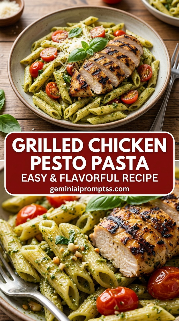 Grilled chicken pesto pasta with tender chicken and bright basil pesto