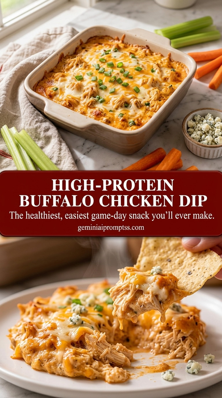 High-protein buffalo chicken dip with creamy buffalo sauce chicken dip, melted sharp cheddar, and paprika