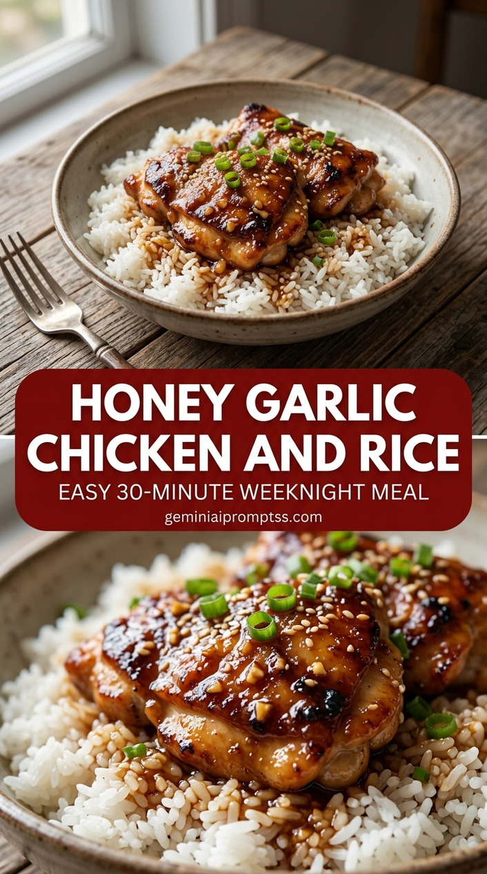Honey garlic chicken and rice with bite-size chicken pieces with browned edges, glossy sauce, and fresh garnish