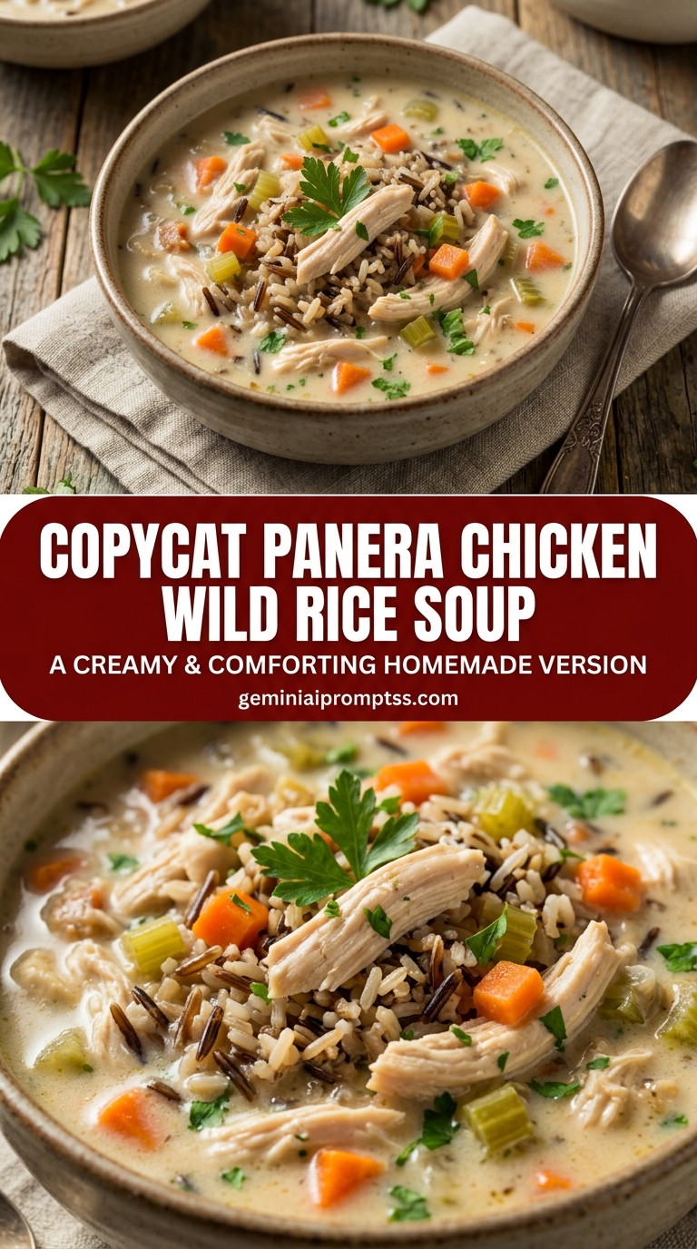 Copycat Panera chicken wild rice soup with bite-size chicken pieces with browned edges, glossy sauce, and fresh garnish