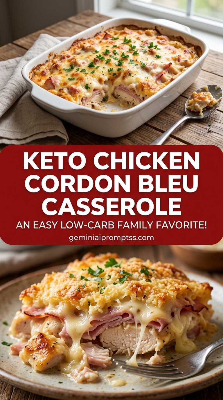Keto chicken cordon bleu casserole with tender chicken and creamy Dijon cheese sauce