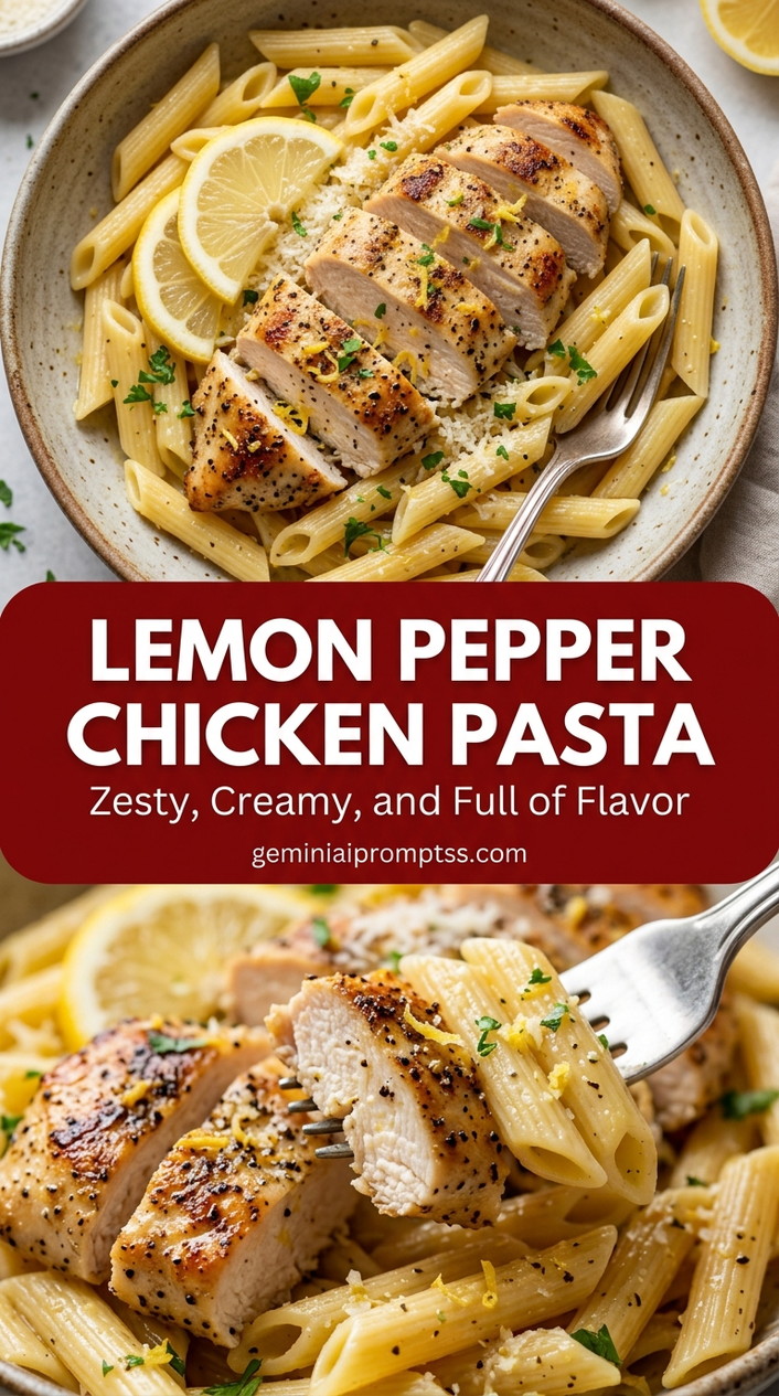 Lemon pepper chicken pasta with bite-size chicken pieces with browned edges, glossy sauce, and fresh garnish