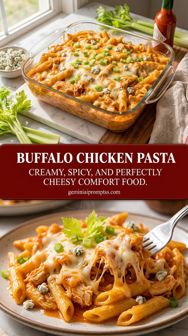 Buffalo chicken pasta with penne, tender chicken, creamy buffalo sauce, and broccoli