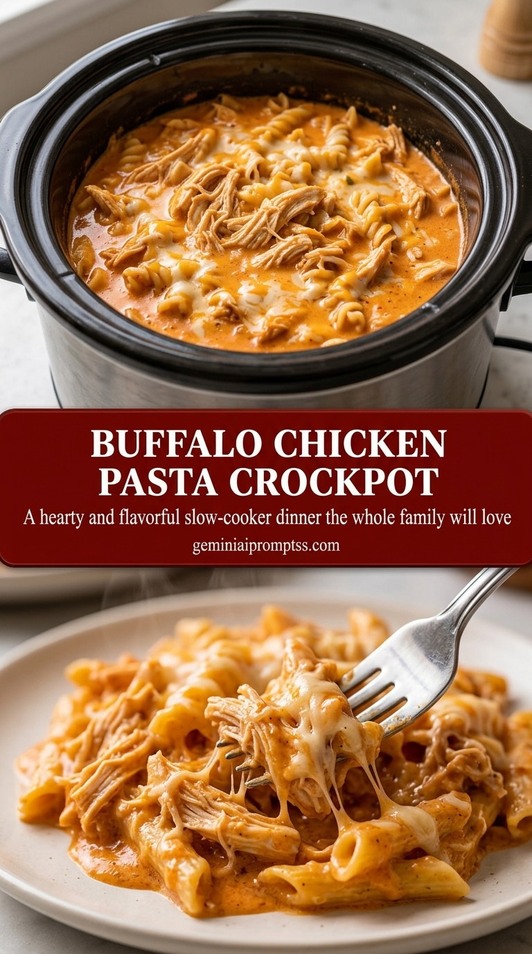 Buffalo chicken pasta crockpot with rotini, tender chicken, creamy buffalo sauce, and corn